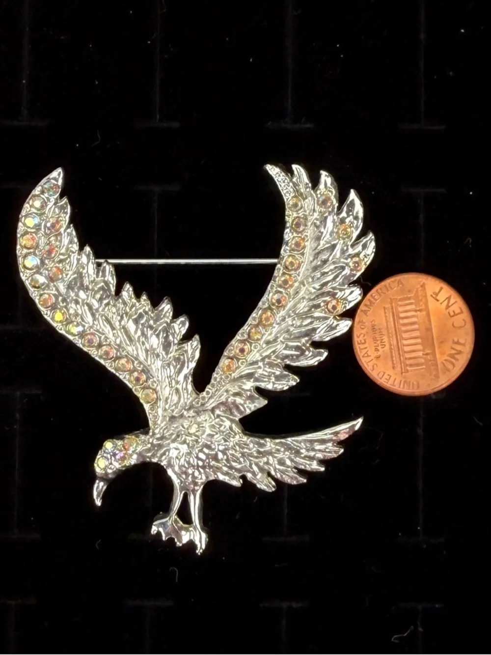 Iridescent Silvertone Eagle Brooch Pin Sparkling Winged Bird Accent